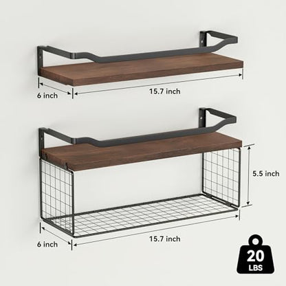 Floating Shelves with Wire Storage Basket, Bathroom Shelves Over Toilet with Protective Metal Guardrail, Wood Wall Shelves for Bathroom, Bedroom, Living Room, Toilet Paper- Dark Brown - color: Dark Brown