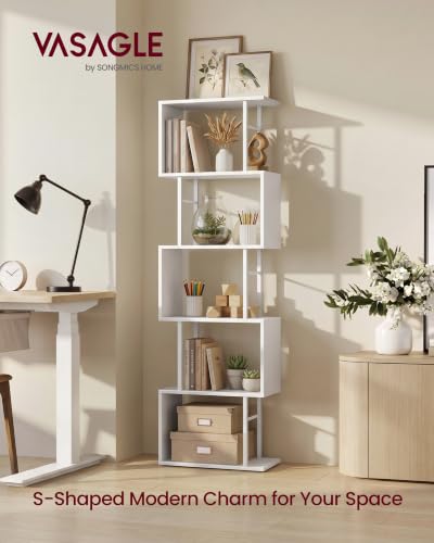 VASAGLE 6-Tier Book Shelf, S-Shaped Tall Book Shelf, Metal and Wood Display Shelf for Living Room and Office, Shelving Unit, 15 x 9.4 x 61.9 in, White, Barnet Collection ULLS172WB01 - color: White, style: 6-Tier (15"W)