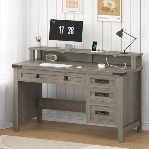 47" Farmhouse Computer Desk with 4 Drawers for Home Office, Bedroom | Executive Desk with Power Outlets, Home Office Desk with Monitor Stand & Drawers, Small Desk Writing Study Table, Grey - color: Grey
