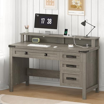 47" Farmhouse Computer Desk with 4 Drawers for Home Office, Bedroom | Executive Desk with Power Outlets, Home Office Desk with Monitor Stand & Drawers, Small Desk Writing Study Table, Grey - color: Grey