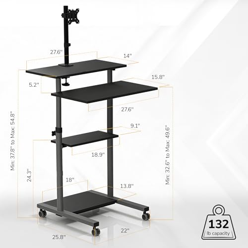 Mount-It! Mobile Computer Cart with Monitor Mount for Screen up to 32", Portable Desk on Wheels, Rolling Laptop Stand Teachers, Office, Classroom, Rise up to 53", Projector, Podium, Keyboard Tray - color: Silver