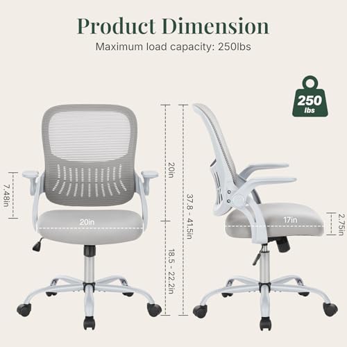 Home Office Desk Chair with Flip-up Armrest, Computer Chair | Lumbar Support, Height Adjustable, Mesh Mid-Back, Ergonomic Task Gaming Chair with 360° Swivel Wheels for Adults, Grey - color: Grey, size: 18.5D'' Flip-up Arm