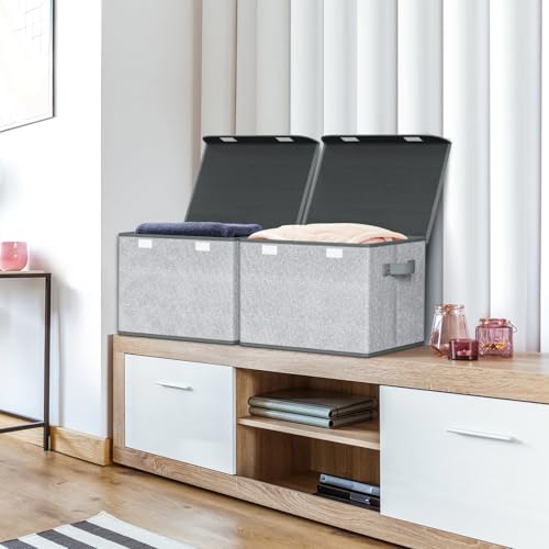 Univivi Decorative Fabric Storage Boxes with Lids, 4 Pack, Gray | 17 x 12 x 12 In Large Stackable Storage Bins with Lids & Carry Handles, Closet Organizers for Clothes, Office, Bedroom - color: Light Gray