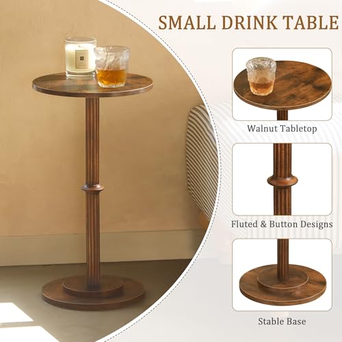 MaxSmeo Drink Table, Small Side Table for Small Spaces, Modern Round End Table with Fluted Wood Leg, Rustic Brown - color: Rustic