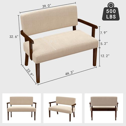 Accent Chair 2 Seat, Upholstered Reading Leisure Chair, Bench with Solid Wood Frame for Dining, Reading,Waiting Rooms (Beige) - color: Beige, size: Bench