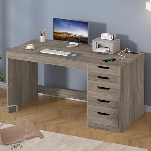 47 Inch Computer Desk with 5 Drawers and Power Outlets for Small Spaces | Home Office Desks with Storage File Cabinet and Charging Station, Modern Simple Laptop Desk Writing Table, Grey - color: Grey