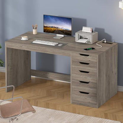 47 Inch Computer Desk with 5 Drawers and Power Outlets for Small Spaces | Home Office Desks with Storage File Cabinet and Charging Station, Modern Simple Laptop Desk Writing Table, Grey - color: Grey