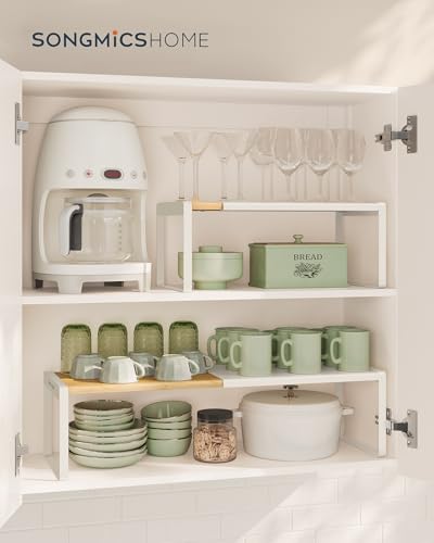 SONGMICS HOME Spice Rack, Expandable Cupboard Shelf Orgnizer,Bamboo | Kitchen Counter Shelves, Bamboo and Metal, Stackable, Natural Beige and Cream White, BYSTRO Collection UKCS051N01 - color: Light Bamboo + Cream White, size: 2 Pack