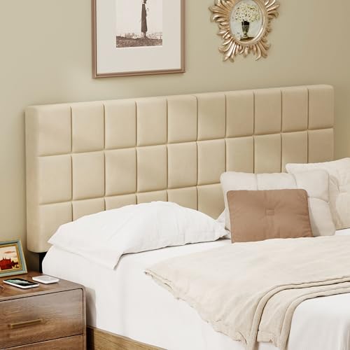 Velvet Upholstered Tufted King Size Headboard,Wood Head Board with Metal Legs, Adjustable Height from 42” to 56”, Bed Headboard in Modern Design,Backboard for Bed, Apricot - color: Apricot, size: King
