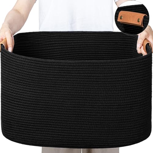 Large Woven Basket, 108 L Blanket Basket for Living Room, Nursery Bin for Toys Organizing & Laundry, Cotton Rope Hamper with Leather Handle, 25’’*16’’*16’’ Black - color: Black, size: 108L