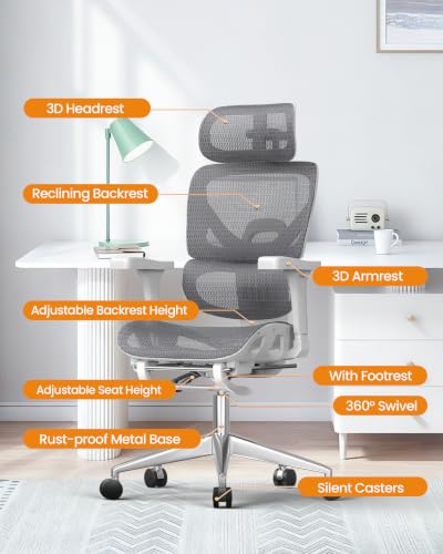 naspaluro Ergonomic Office Chair Lumbar Support High Back 350lbs Capacity | Adjustable Height Breathable Mesh Swivel Desk Chair with 3D Armrest Headrest, Footrest, PU Wheels, Comfy Computer Chair Grey - color: Grey