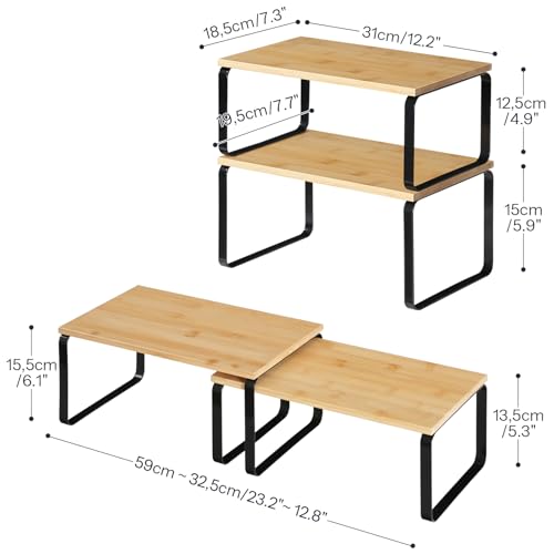 HOOBRO Cabinet Organizer Shelf, Set of 2 Kitchen Counter Shelves, Expandable Kitchen Storage, Stackable Bamboo Spice Rack, for Kitchen, Countertop, Office Desk, Bathroom, Natural and Black YB30TL01 - color: Natural, Black