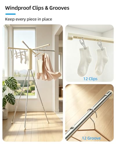 Foldable Tripod Clothes Drying Rack for Balcony, Hotel, Apartment, Bedroom | Portable Drying Rack Clothing Laundry Drying Rack for Travel, Camping with 3 Tent Pegs. Steel Frame with 12 Clips, Windproof