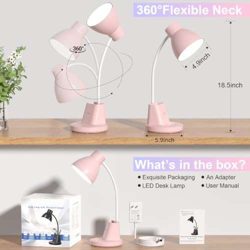 10W Wireless Charging LED Desk Lamp with Pen Holder, CRI 95, Pink | 800LM, 3 Modes, 360°Flexible Arm, Touch, Brightness, Table Lamp for Home Office, Dorm, Bedside, Study, Reading, with Adapter - color: Pink