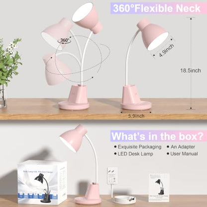 10W Wireless Charging LED Desk Lamp with Pen Holder, CRI 95, Pink | 800LM, 3 Modes, 360°Flexible Arm, Touch, Brightness, Table Lamp for Home Office, Dorm, Bedside, Study, Reading, with Adapter - color: Pink
