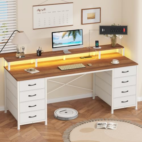60" Computer Desk with 8 Drawers & Monitor Stand for Home Office, Bedroom | Gaming Desk with LED Lights & Power Outlets, Home Office Desk with 8 Fabric Drawers, Brown & White - color: Brown and White, size: 18.9"D x 59.8"W x 34.9"H