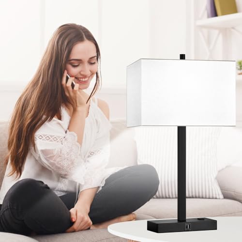 Lynnoland 21" Set of 2 Table lamp with USB A+C & AC Outlets, Touch Control 3-Way Dimmable Nightstand Lamps for Bedroom Living Room Office Reading, White Shade Touch Lamps, 5000K LED Bulbs Included - color: (2 Pack)White Line & Matte Black (Base)-Two 5000K