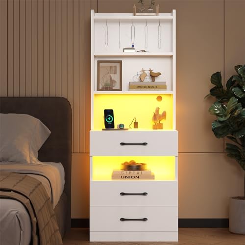 Tall Nightstand with Charging Station and LED Lights, Large White Night Stand with Bookshelf, Modern LED Bedside Table with 3 Drawers and Storage Shelves, End Side Table for Bedrooms, Dorms - color: White, size: 1 Pack