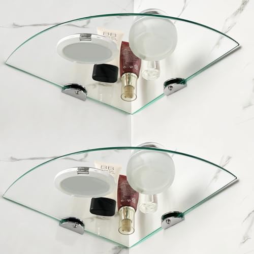 Glass Corner Shower Shelves, Tempered Floating Glass Shelves Wall Mount, Shower Caddy Organizer, Bathroom Corner Shelf with Zinc Alloy Brackets for Bathroom, Kitchen, Living Room, 9.8" x 9.8", 2 Pack - size: 2 PACK Without Rail