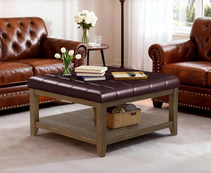 ABHENG 31.5" Large Square Storage Ottoman, Upholstery Solid Rubberwood Coffee Couch Table with Open Shelf, Foot Stool Load up to 330lb, Sythetic Leather Brown UASND67R - color: Brown, size: 31.5"D x 31.5"W x 20"H