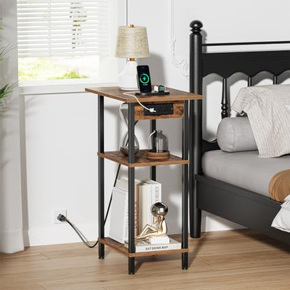 Asgolion Tall End Table with Charging Station, Tall Nightstand with Storage | 30 Inch Tall Side Table, Accent Table Stand, Small Entryway Table, Bedroom Tall Nightstand, Living Room, Office, Rustic Brown - color: Rustic Brown, size: 30"H