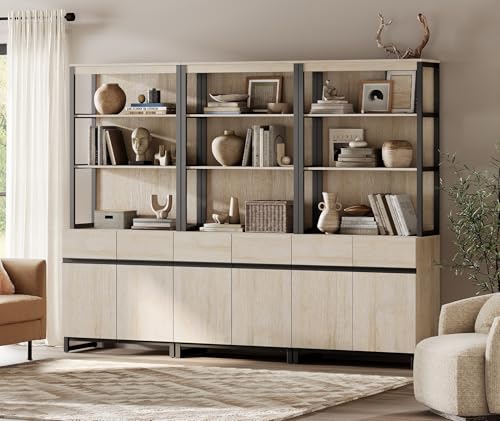WAMPAT 3 PCS Modern 72" Tall Bookshelf with Metal Base and Adjustable Shelves, Library Bookcase with Storage Cabinet and Open Book Shelfs, Wood Bookshelves for Home Office, Living Room, Beige - color: Beige-a, size: 3 PCS