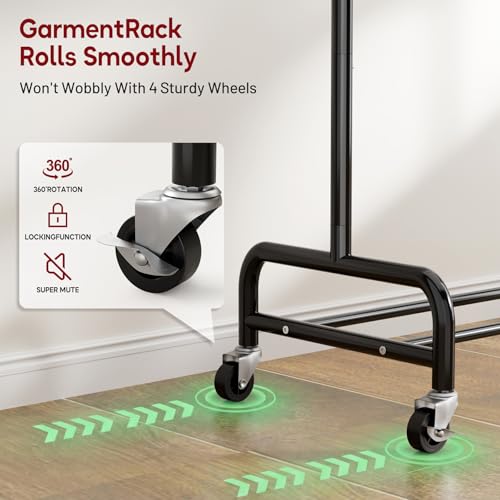 SLEEPING LAMB Heavy Duty Clothes Rack with Wheels, Metal Rolling Garment Rack for Hanging Coats, Shirts (Black) - color: Black, style: Double Rod