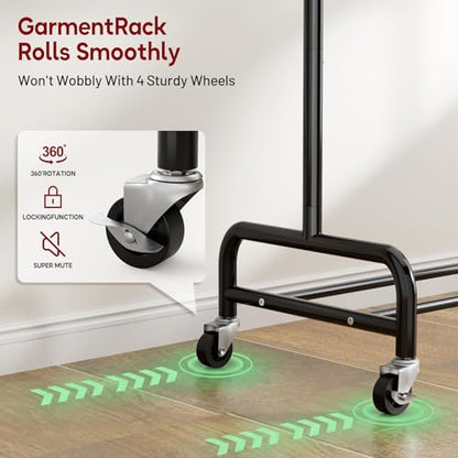 SLEEPING LAMB Heavy Duty Clothes Rack with Wheels, Metal Rolling Garment Rack for Hanging Coats, Shirts (Black) - color: Black, style: Double Rod