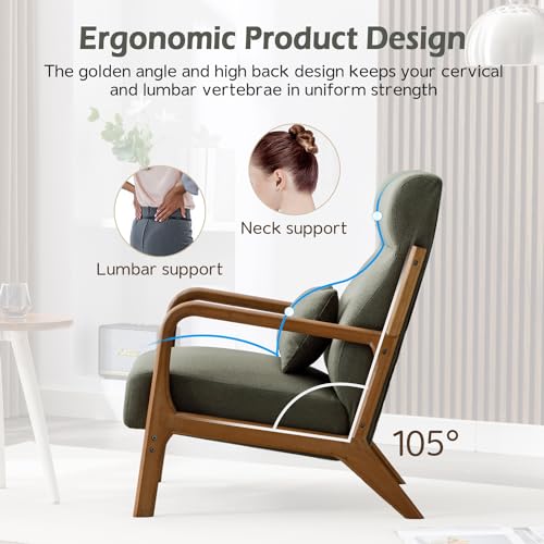 Mid Century Modern Accent Chair with High Back, Upholstered Living Room Chairs with Waist Cushion, Wood Frame Reading Armchair for Bedroom Sunroom, Green - color: Blackish Green