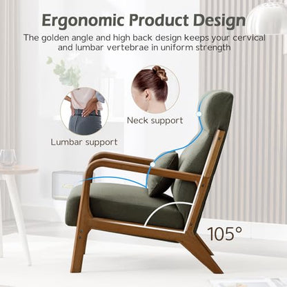 Mid Century Modern Accent Chair with High Back, Upholstered Living Room Chairs with Waist Cushion, Wood Frame Reading Armchair for Bedroom Sunroom, Green - color: Blackish Green