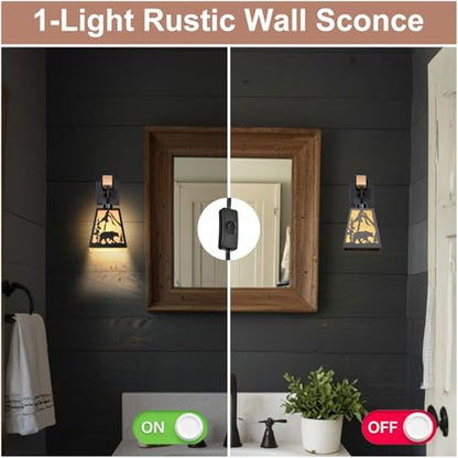 Wall Sconce Plug in,Bear Matte Metal Rustic Sconces,1 Pack Farmhouse Yellow Parchment Paper Shades Wall Lamp Plug in with Wood Arm,E26 Base Indoor Light for Bedside,Living Room,Bedroom,Hallway - color: Bear-Yellow