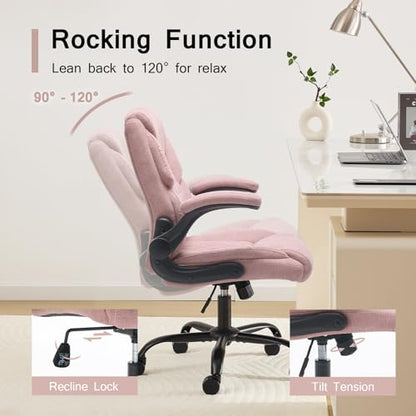 Fabric Executive Office Chair - Comfy Pink Desk Chair Small Space | with Mid Backrest,5 Wheels,Mid Backrest,Lumbar Support, Height Adjustable,Home Office Reading Gaming Use,for Women Adult - color: Pink