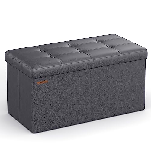 SONGMICS Mazie Collection - 30 Inches Folding Storage Ottoman Bench, Ottoman with Storage, Foot Rest Stool, Load 660 lb, for Living Room, Synthetic Leather, Dark Gray ULSF040G01 - color: Dark Gray, size: 15"D x 30"W x 15"H