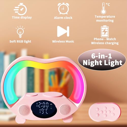 IHAO 6in1 Wireless Charging Station with Bluetooth Speaker Time&Temperature Display Alarm Clock 7-Color LED Night Lights Fast Charger for Phone, Apple Watch, Earbuds Remote Control Auto Shutoff-Pink - color: 6in1 Wireless Charger Alarm Clock Zs932 Pink