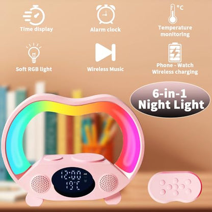 IHAO 6in1 Wireless Charging Station with Bluetooth Speaker Time&Temperature Display Alarm Clock 7-Color LED Night Lights Fast Charger for Phone, Apple Watch, Earbuds Remote Control Auto Shutoff-Pink - color: 6in1 Wireless Charger Alarm Clock Zs932 Pink
