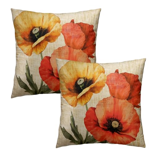 Vintage Poppy Flower Pillow Covers Set of 2, 20"x20" Rustic Spring Summer Yellow Orange Floral Throw Pillowcases, Retro Cotton Cushion Cover for Sofa Couch Indoor Outdoor Decor - color: Vintage Poppy, size: 20" x 20" (Pack of 2)