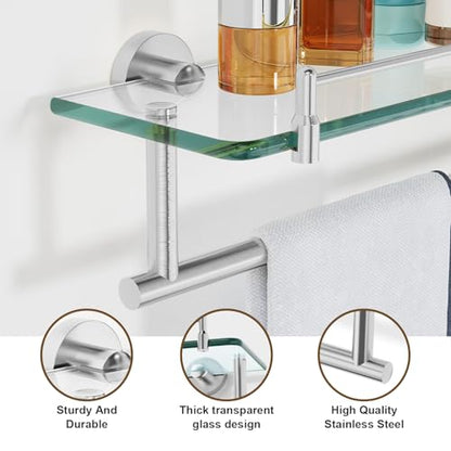 20-Inch Tempered Glass Bathroom Shelf with Towel Bar - Brushed Nickel & Stainless Steel, Wall Mount Rustproof Tower Holder with Shelves - color: Brushed Nickel, size: 20-inch with Railing