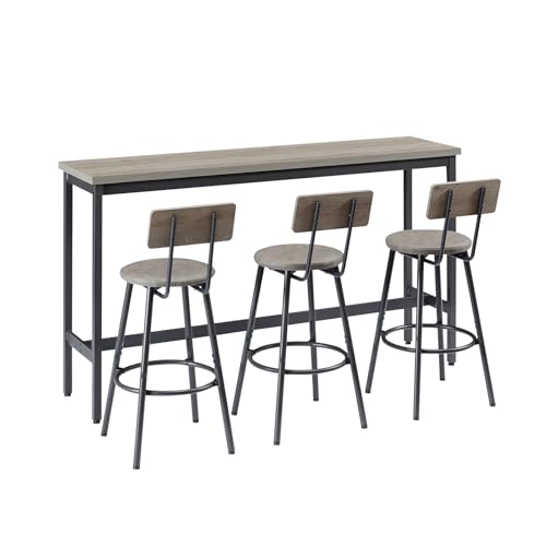 63” Long Bar Table Set for 3, Counter Height Industrial Pub Table with 3 PU Upholstered Bar Stools, Space-Saving Kitchen Breakfast Table and Chairs for Small Spaces, Rustic Gray and Black - color: Grey, style: Long bar table with stools/bar table set for