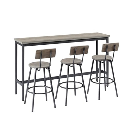 63” Long Bar Table Set for 3, Counter Height Industrial Pub Table with 3 PU Upholstered Bar Stools, Space-Saving Kitchen Breakfast Table and Chairs for Small Spaces, Rustic Gray and Black - color: Grey, style: Long bar table with stools/bar table set for