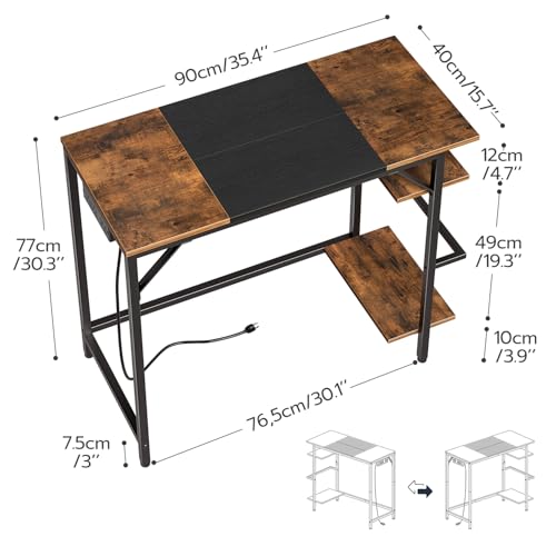 HOOBRO Small Computer Desk, 35.4 Inch Home Office Desk with Power Outlet, Writing Desk with 2 Shelves, Modern Small Desk for Home Office, Study, Easy to Assemble, Rustic Brown and Black BF43UDN01 - color: Rustic Brown + Black