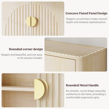 Bathroom Wall Cabinet, Fluted Medicine Cabinet, Natural | Adjustable Wood Shelf, Over The Toilet Storage Cabinet for Laundry Room, Living Room, Rounded Metal Handle, 2 Doors