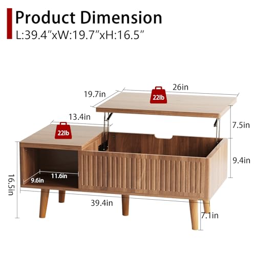 Coffee Table with Lifting Top,Wooden Fluted Coffee Table with Hidden Storage Space,2 Open Storage Compartments,Solid Wood Legs,Suitable for Living Room,Apartment,Office. (C-Lift Coffee Table-Walnut) - color: C-lift Coffee Table-walnut