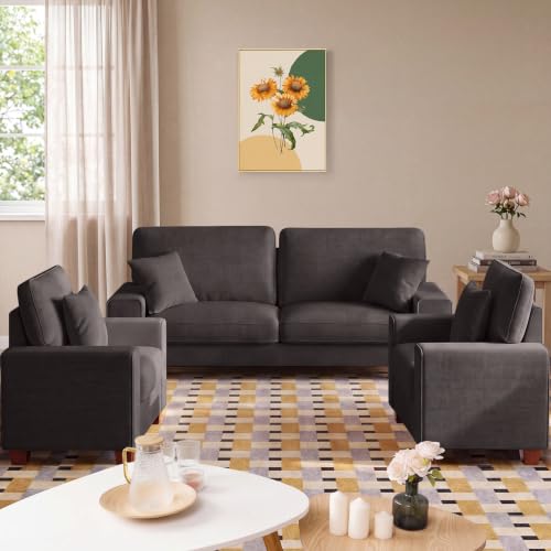 DOPEDIO 71.25" Sofa Set, Chenille Loveseat & 2 Accent Chairs, Dark Grey | Modern chenille sofa set with removable covers, spring cushions, solid wood frame, easy assembly for comfortable living rooms - size: 71.25 inch + 2 Single, style: Dark Grey Chenill