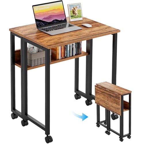 GreenForest Folding Desk with Wheels, 24.8" Rolling Table for Small Spaces | Storage Shelf, Lockable Casters, Compact Portable Workstation, Space-Saving Foldable Sofa Table, Home Office, Mobile, Walnut - color: Walnut, size: 24.8 inch
