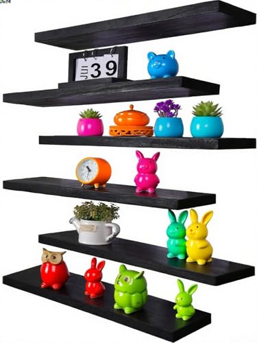 Vervida® Black Floating Wall Shelves 24in Set of 6 Holds 37 Lbs Hidden | 6 Black Floating Shelves 24 x 5.8 x 1.5 in for Living Room, Bedroom Bathroom Kitchen, Home Decor Display Storage Wall Shelves - color: Black, size: 24x5.8 (6Pcs)