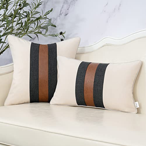 Patchwork Pillow Cover 12x20 Inch Luxury Cotton and Linen Cushion Cover Faux Leather Pillowcover for Couch Bedroom Living Room, White - color: L-white, size: 20" x 12" (Pack of 1)
