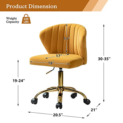 TINA'S HOME Office Desk Chairs with Wheels & Gold Base, Modern Velvet Cute Armless Office Chair, Adjustable Low Back Swivel Rolling Chair, Upholstered Task Chair for Living Room Vanity Study-Mustard | Modern Velvet Cute Armless Office Chair, Adjustable Lo