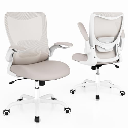 Office Chair, Ergonomic Desk Chair with Adjustable Lumbar Support and Flip up Armrest, Breathable Mesh Computer Chair for Home Office, Khaki - color: Khaki