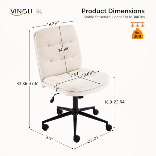 VINGLI Mid Back Armless Office Desk Chair with Wheels/no Wheels,360°Rocking Swivel Vanity Chair with Thickened Cushion,Adjustable Height Rolling for Reading Room, Make up,Linen Beige - color: Beige