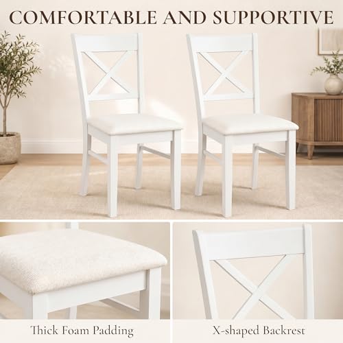 HOMCOM Dining Chairs Set of 2 Upholstered Kitchen Chairs Cross Back White | Rubberwood Frame, Padded Seat, for Living Room, Dining Room, Kitchen - color: White, style: Cross Back